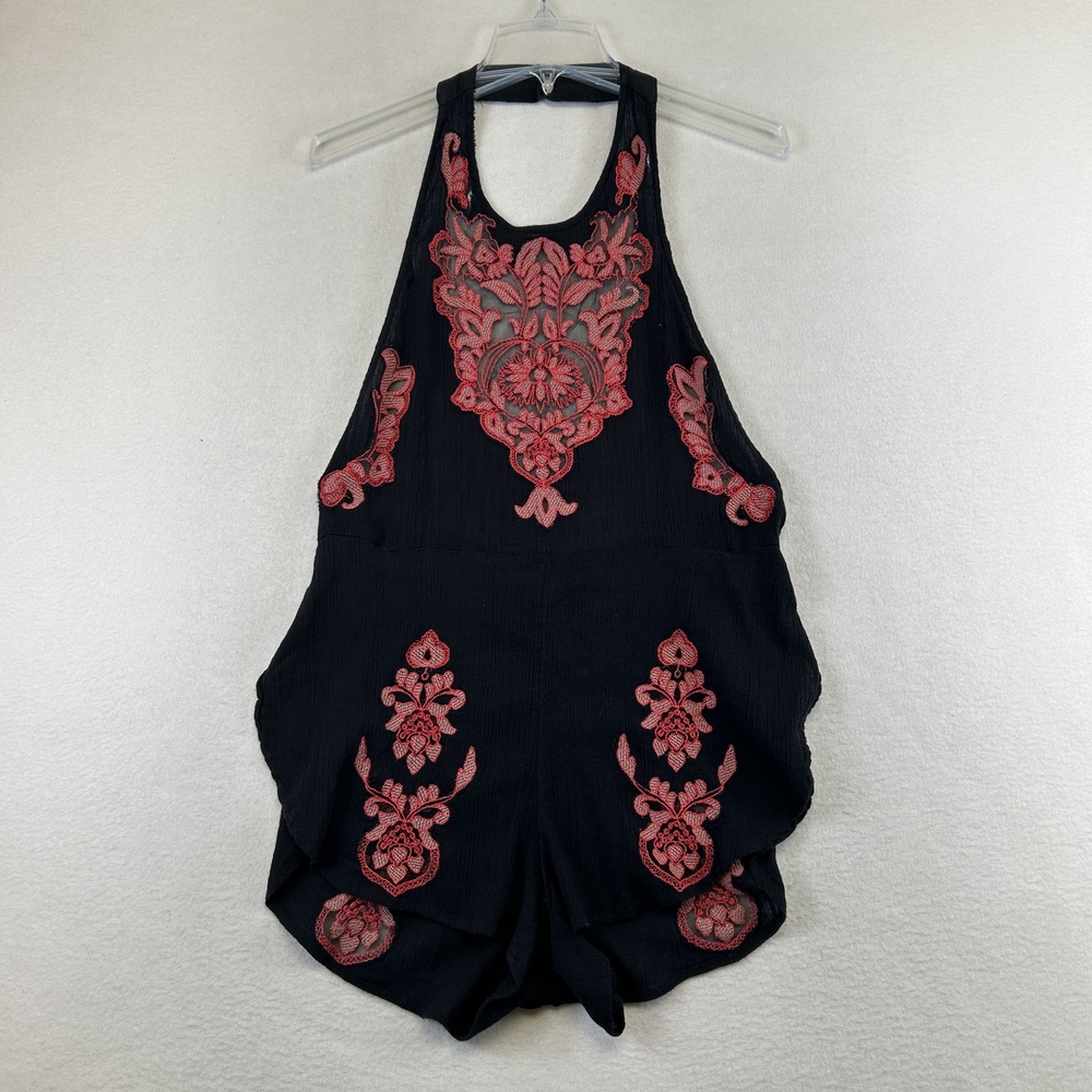 Free People Romper Womens Medium Black Red Embroidered Halter Floral Boho Gauze